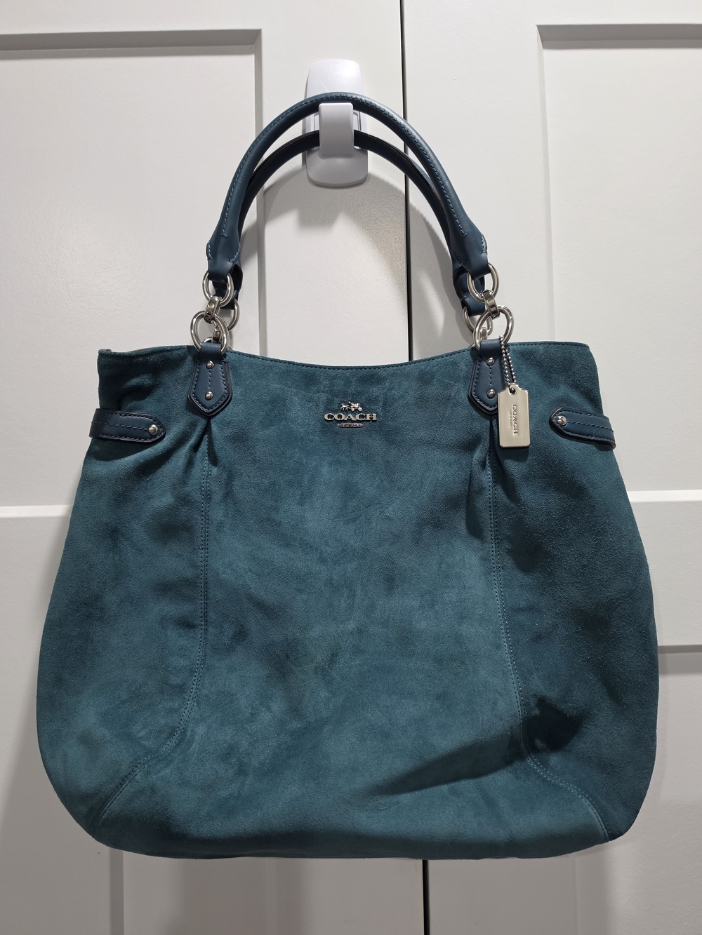 Coach Teal Suede Tote with Leather Handles